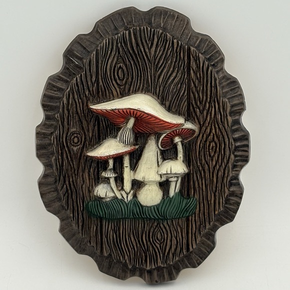 Vtg Mushrooms Wall Plaques Faux Wood Mid Century Modern Boho Decor MCM - Picture 1 of 6